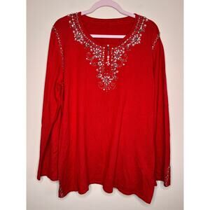 Quacker Factory Bright Christmas Red Glam Sparkle Rhinestone Party Shirt 1X